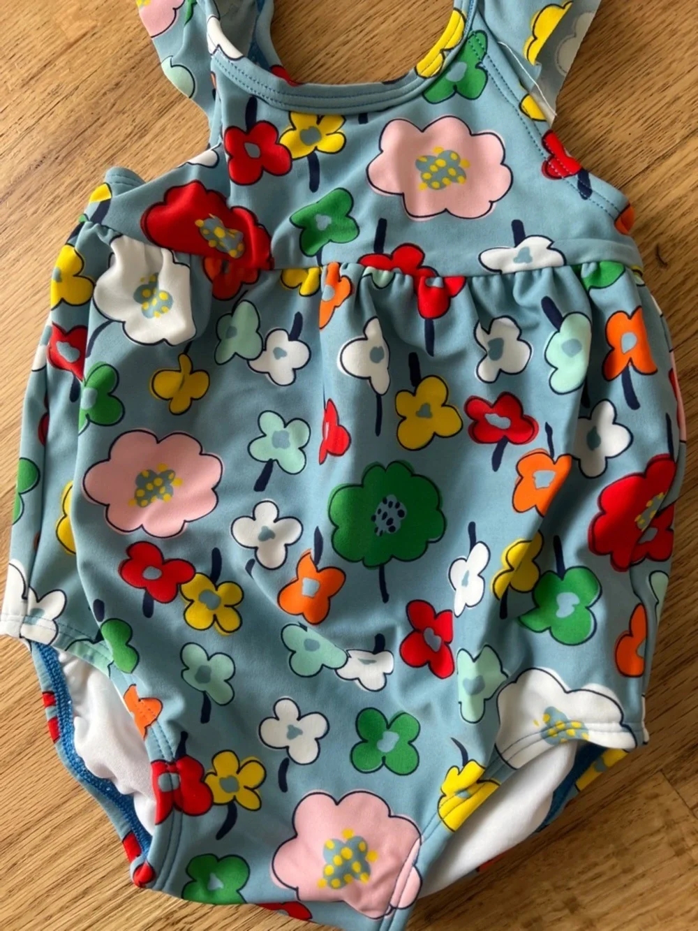 Hanna Andersson Light Blue Floral Ruffle One-Piece swimsuit baby 6-12 months